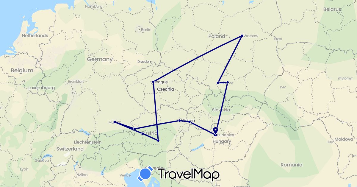 TravelMap itinerary: driving in Austria, Czech Republic, Germany, Hungary, Poland, Slovakia (Europe)